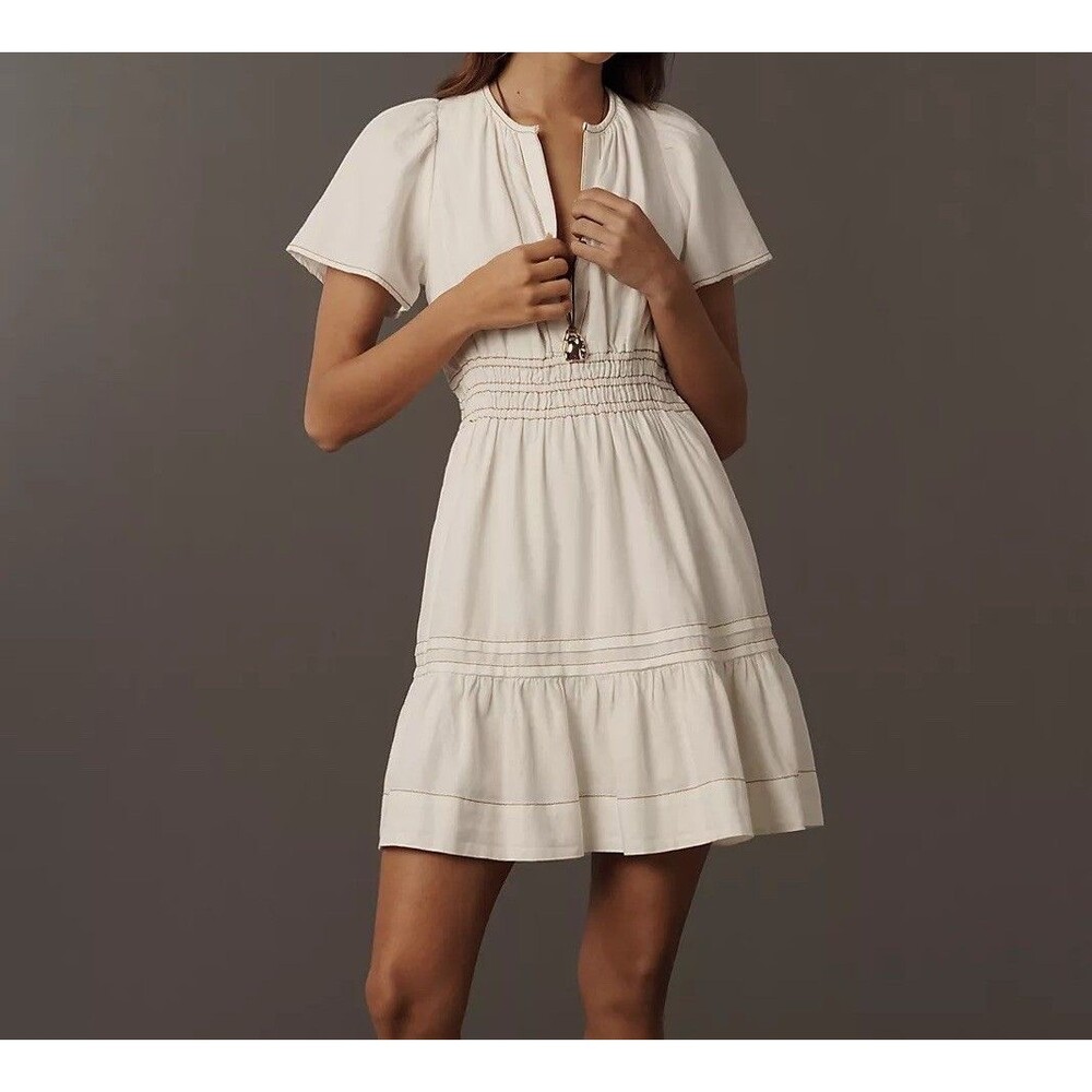 Anthropologie Cream Tiered Short Sleeve Mini Dress